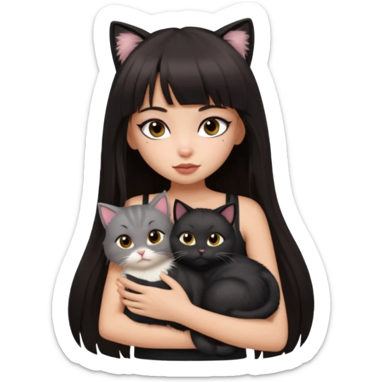 generate a pretty bratz girl in black cami top, dark brown straight long hair with bangs, eyeliner on, cuddling a cat sticker