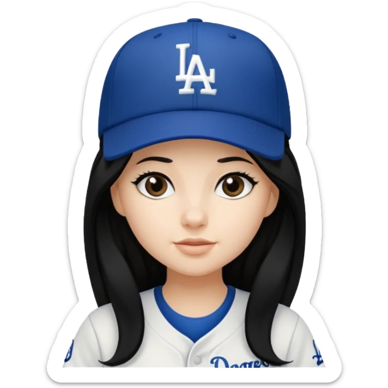 Can you make an emoji of a girl with fair skin with black long hair wearing an LA dodger hat sticker