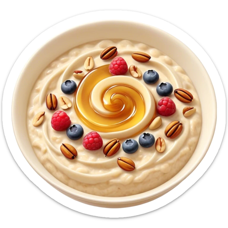 Cinematic creamy oatmeal, smooth texture with a swirl of honey on top, garnished with fresh berries and nuts, warm and comforting, cozy golden tones, rich and delicious. sticker