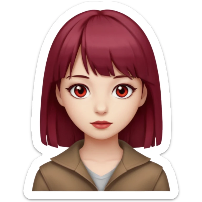 beautiful girl with maroon medium hair, straight bangs and red bando, red eyes and brown clothes sticker