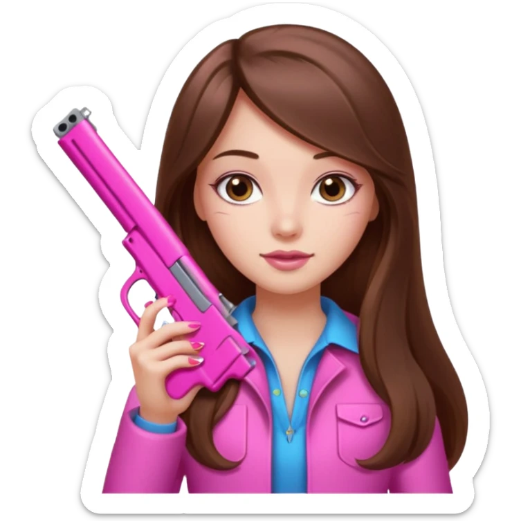Long hair brown Girl hand pink nails holding pink gun better sticker