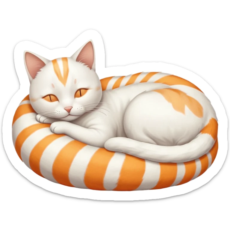 A white cat, curled up and asleep. Its fur has very faint orange stripes on the back and tail. sticker