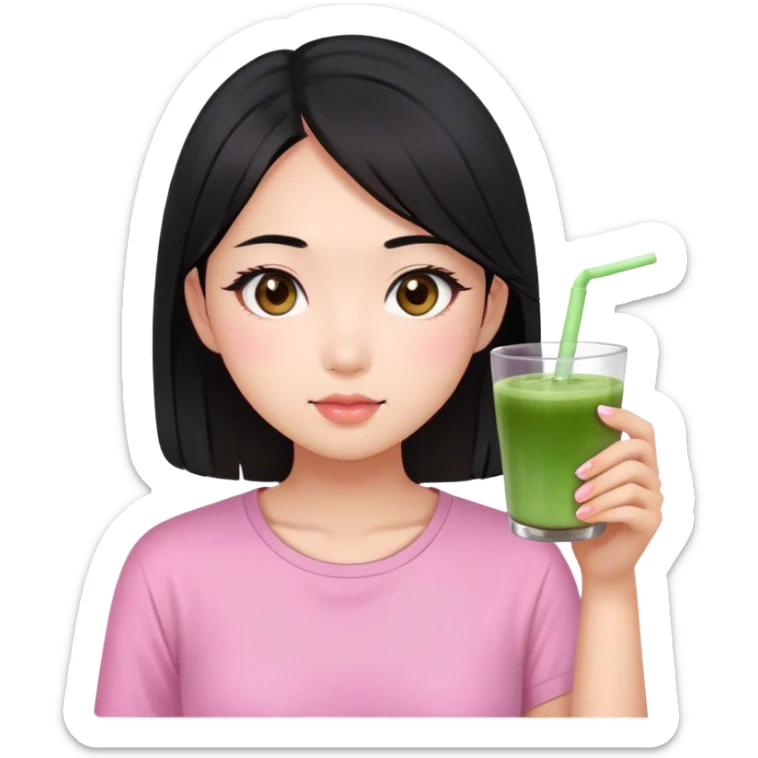 Asian girl, brown eyes, black hair, pink shirt and drinking matcha sticker