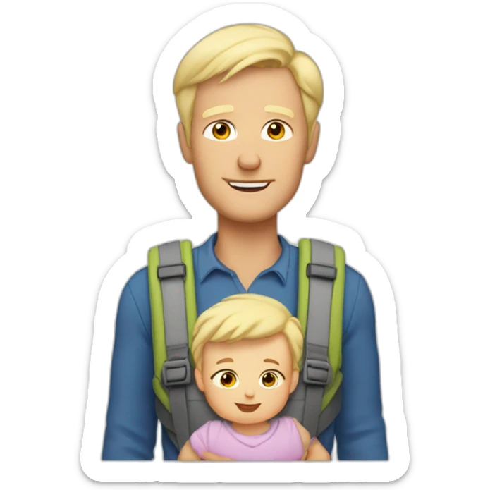 Older blonde man wearing a baby in a baby carrier with broad shoulders and short scruffy hair and babies head just visible sticker