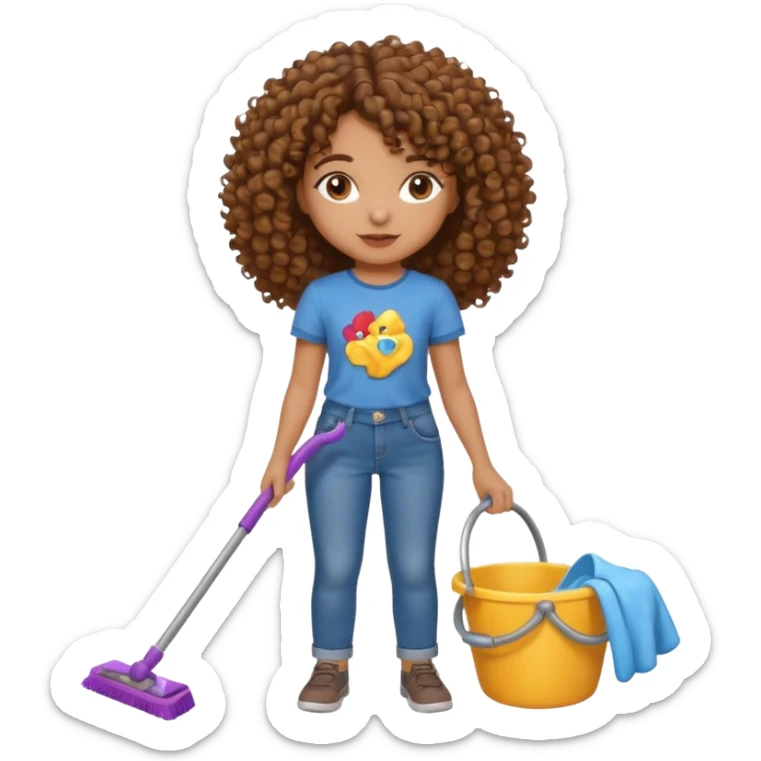 brown girl with curly hair cleaning toys off the floor sticker