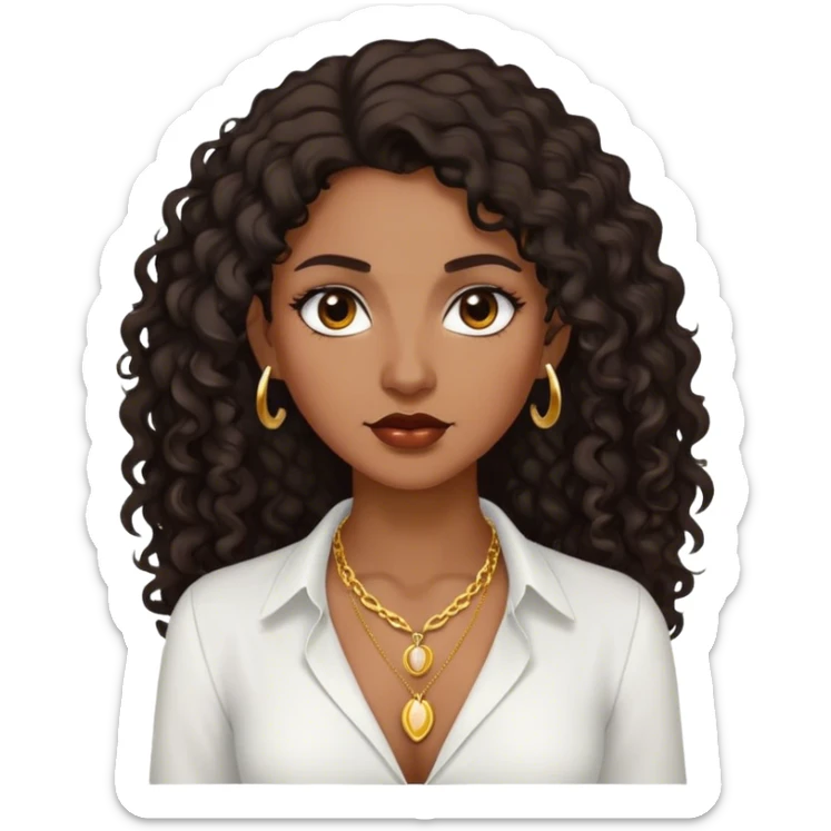 Dark Brown woman with dark curly long hair white dress shirt with gold small necklace no earrings sticker