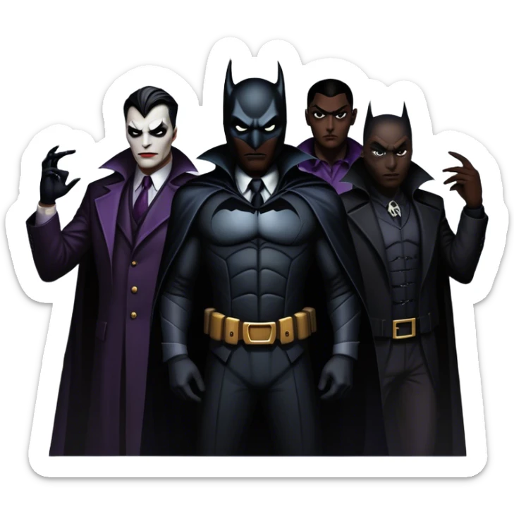 Icon for Thriller Movies: A large, dramatic collage featuring sinister villains in dark clothing. The background shows the gloomy cityscape of Gotham, with dim lighting and eerie shadows. The atmosphere should be tense, mysterious, and suspenseful. Transparent background. sticker