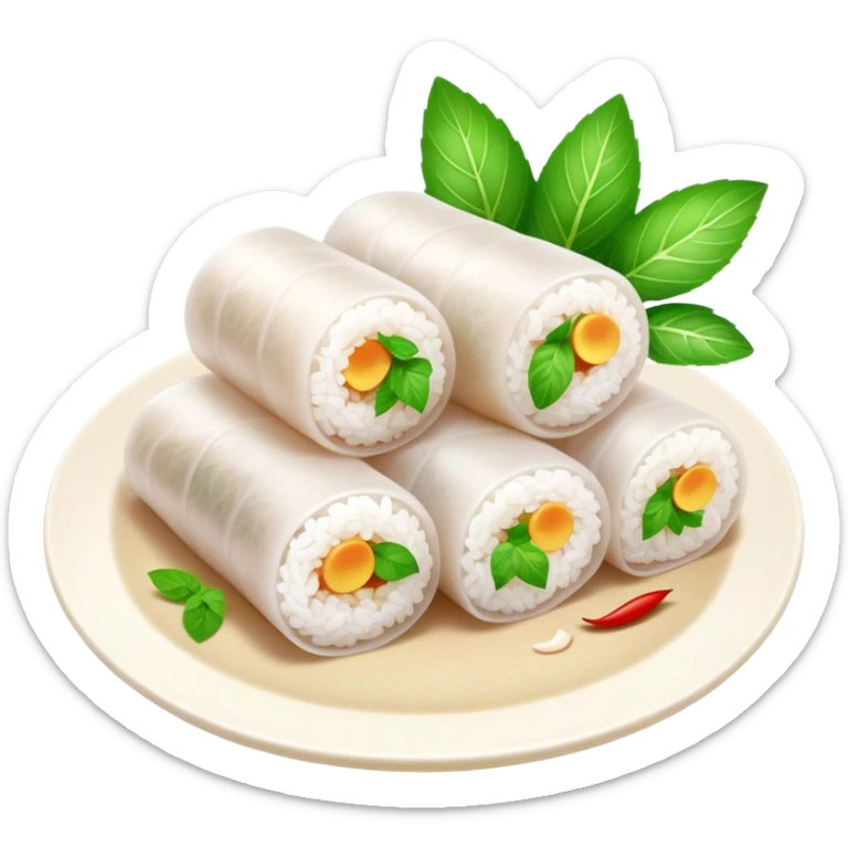 Bánh Cuốn Cinematic Realistic Bánh Cuốn Dish Emoji, depicted as delicate steamed rice rolls garnished with chopped mint on top, rendered with lifelike textures and fresh, vibrant lighting. sticker