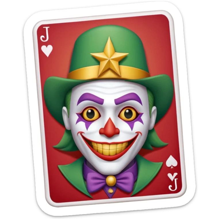 1 poker card, perfectly squared card, with crazy colorful human jolly joker inside, star symbol with a "J" sticker
