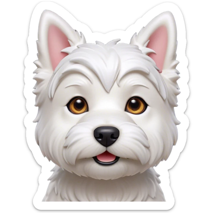 Cinematic Cute West Highland White Terrier Portrait Emoji, Head tilted playfully and inquisitively, featuring a fluffy, immaculate white coat with perky ears, round, sparkling dark eyes filled with curiosity, Simplified yet irresistibly adorable features, highly detailed, glowing with a warm, friendly glow, high shine, affectionate and lively, stylized with a touch of whimsy, bright and endearing, soft glowing outline, capturing the essence of a mischievous yet loving pup, so playful it feels like it could bound out of the screen and into your arms! sticker