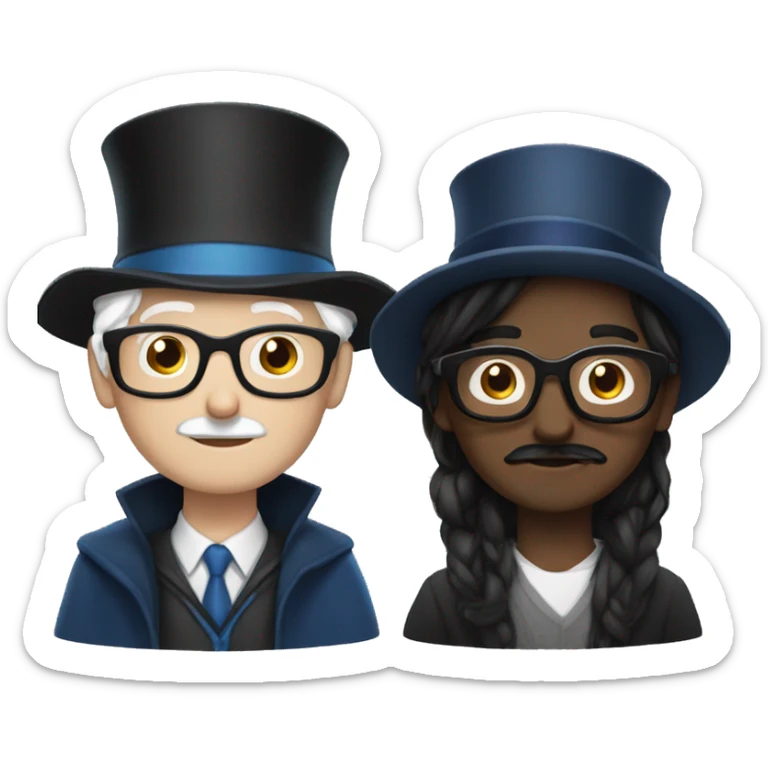 man with white skin, black longer and straight hair, mustache, glasses, with a magic hat, ravenclaw sticker