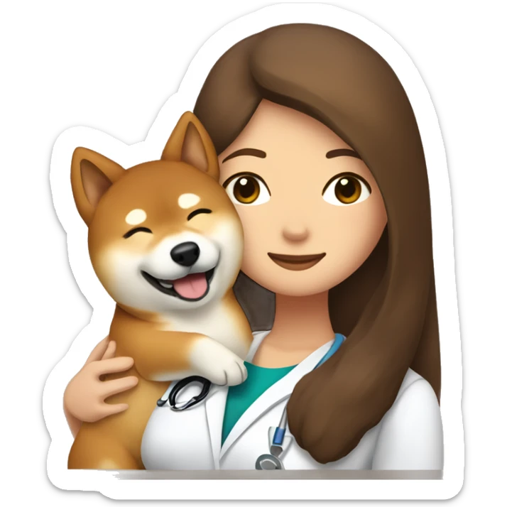 Shiba Inu cuddles a doctor woman with long brown hair sticker