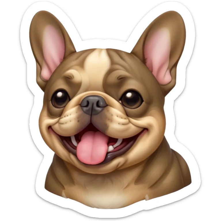 Cinematic Cute Yawning Brindle French Bulldog Portrait Emoji, Head tilted slightly with a dramatic, wide-open yawn, showcasing a sleek brindle coat with subtle fawn highlights, floppy ears slightly drooping, round dark eyes barely open in drowsy contentment, Simplified yet irresistibly adorable features, highly detailed, glowing with a soft, cozy glow, high shine, relaxed yet expressive, stylized with a touch of whimsy, bright and endearing, soft glowing outline, capturing the essence of a sleepy yet affectionate companion, so drowsy it feels like it could stretch out of the screen and curl up for a nap! sticker