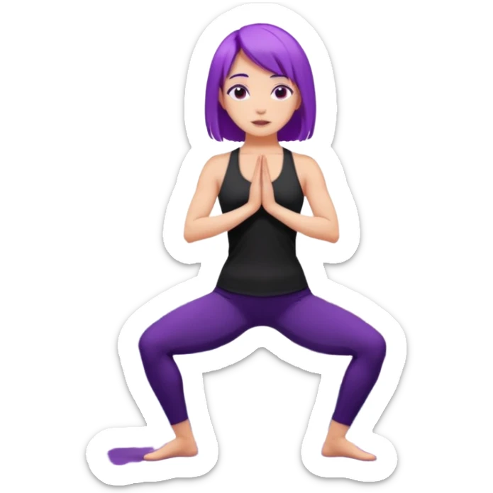 A woman with purple hair standing tall in mountain pose, wearing a black yoga outfit, calm expression, mandala background, digital art style. sticker