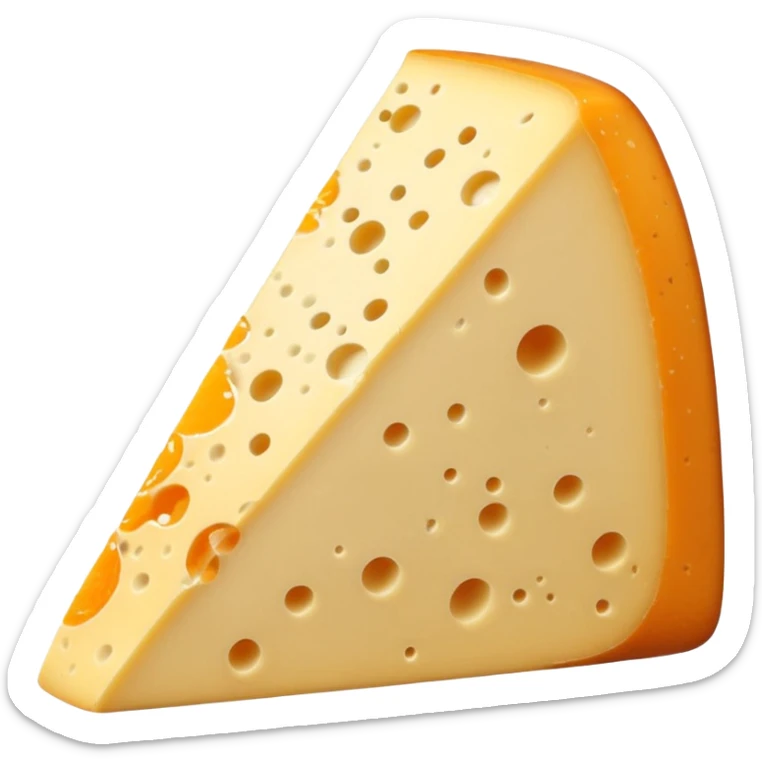 wedge of Saint-Nectaire cheese with soft orange-gray rind, creamy pale yellow interior, smooth and supple paste, small holes, gentle sheen, mottled rind with aging marks, soft lighting, subtle shadows, emoji scale sticker