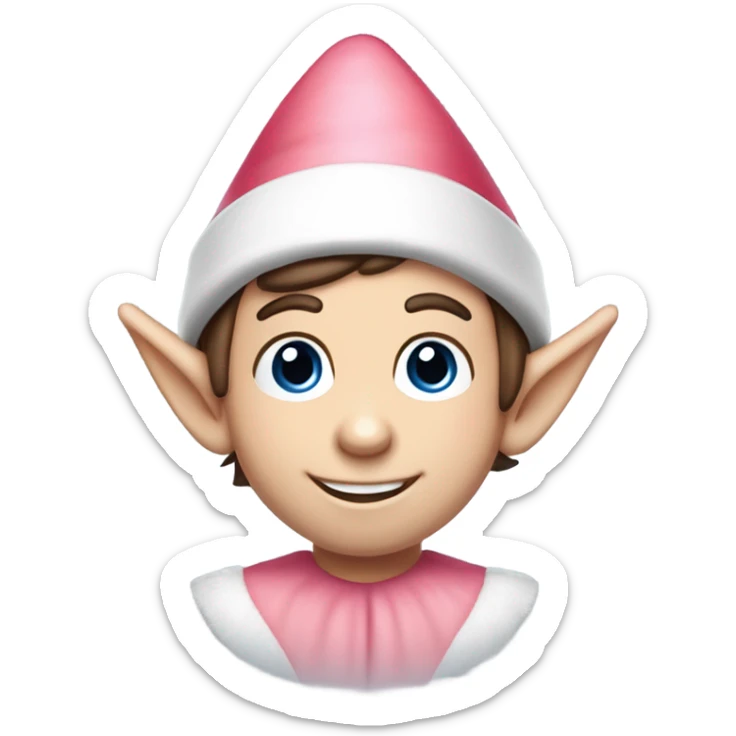 Cute elf on the shelf boy with pale skin, dark brown hair, a mischievous smile, rosy pink cheeks and big blue eyes. He has a white and red elf hat sticker