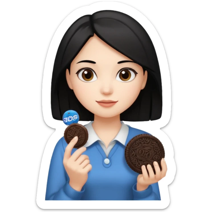 Girl with shoulder-length black hair, holding an oreo cookie in her hand sticker