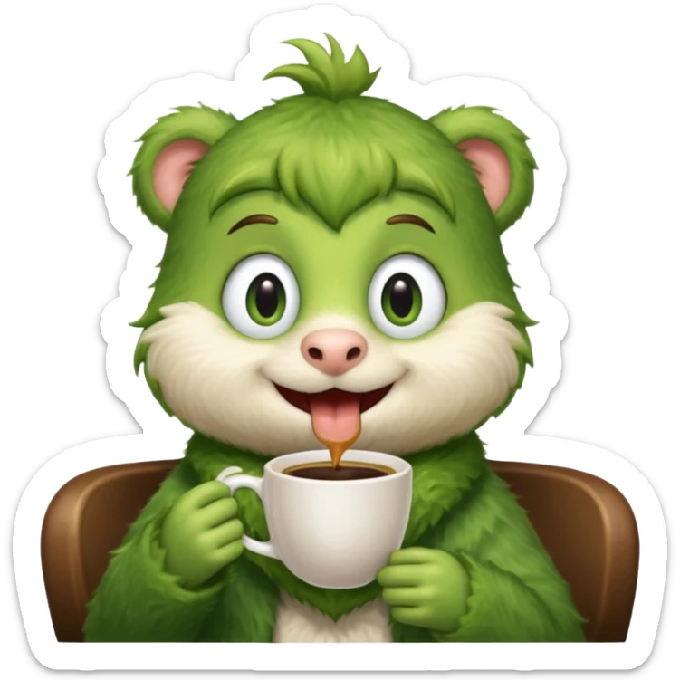 Cut the Rope's Om Nome in barista's suite with a cup of cofee sticker