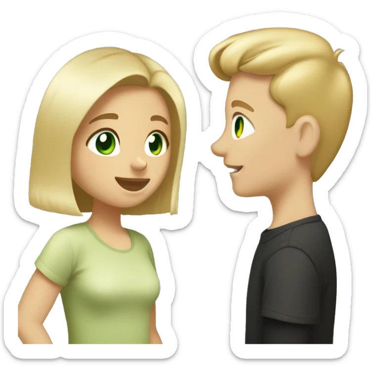boy and girl with dirty-blond hair and light green eyes. Boy is wearing light khaki t shirt. He has a short mustache and fresh haircut. Girl is wearing off shoulders black top. They are looking at each other lovingly. Boy is taller than girl. sticker