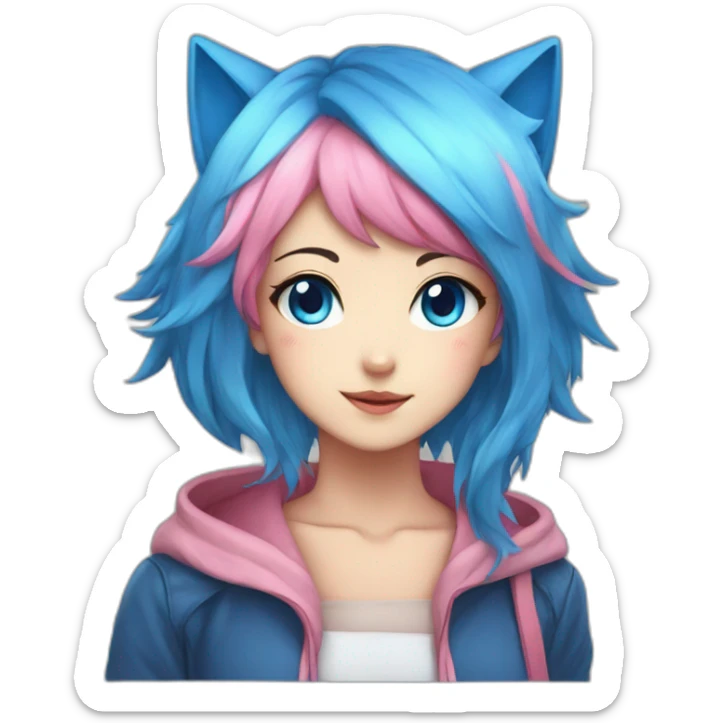 anime girl, fox ears, blue eye, blue hair, pink hair sticker