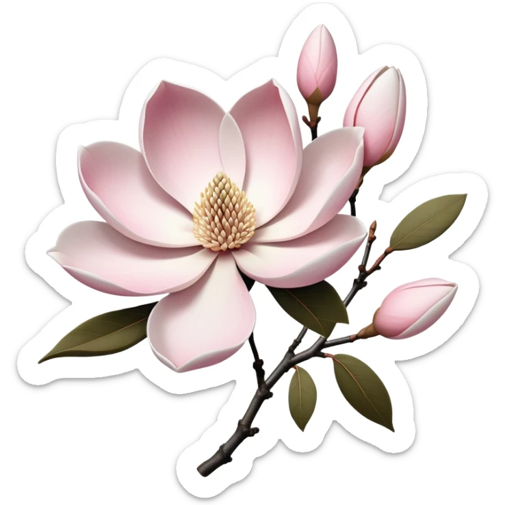 Japanese style Magnolia kobus (kobushi) flower in ukiyo-e inspired design, elegant white petals with subtle pink tinge, bare branches, traditional composition like Japanese woodblock prints sticker