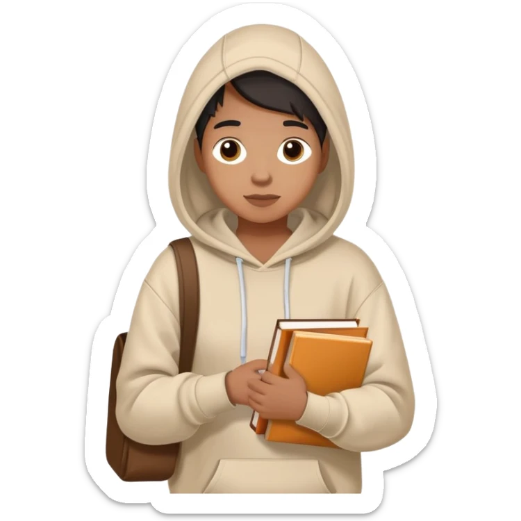A flat-style illustration of a college student with a tote bag over the shoulder and a book in one hand and coffee. The student wears a hoodie. Clean cartoon style, white background, iOS emoji aesthetic. sticker