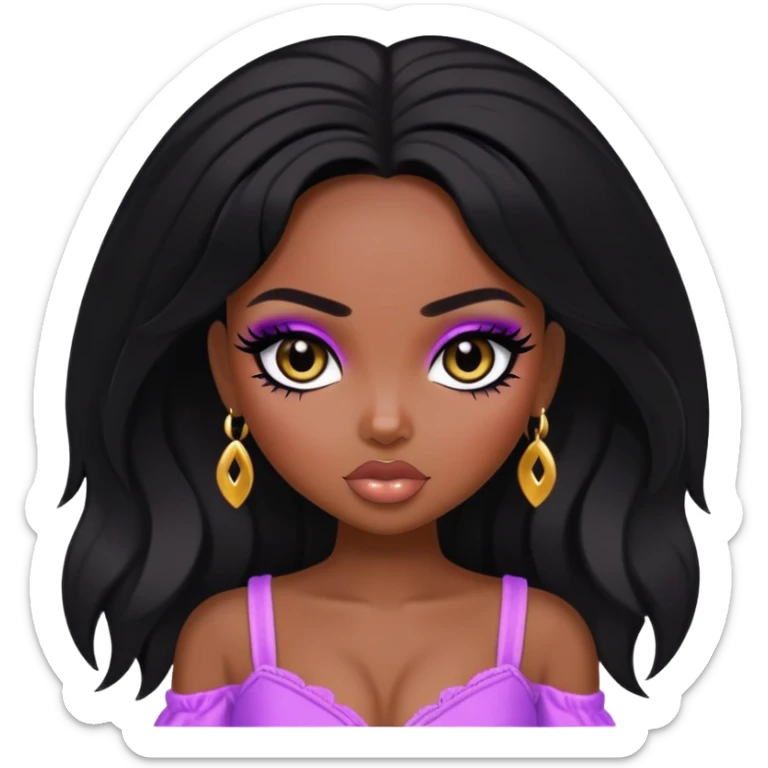 pretty bratz baddie, black eyeliner, dark skin, black hair, black  eyes sticker