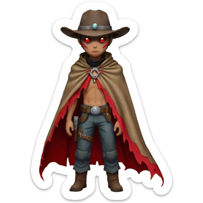 A rugged alien outlaw cowboy with scars and glowing red eyes, torn futuristic poncho, standing in a deserted alien town, dust blowing through empty streets, moody shadows, gritty sci-fi western realism
 sticker
