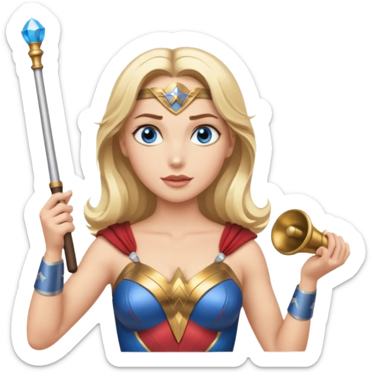 Blonde blue eyed Wonder Woman holding white orchestra conductor’s baton and bell sticker