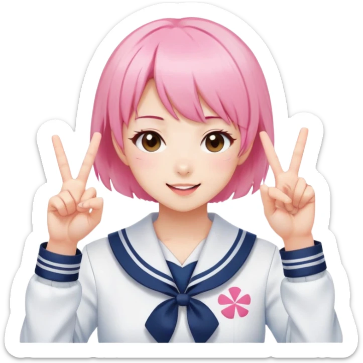 Energetic anime girl with short pink hair wearing Japanese sailor style school uniform, winking and making double peace signs, very cheerful and bubbly, kawaii style sticker