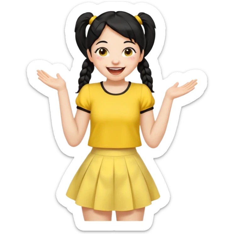 Cewe Ceria Kulit putih cerah, rambut hitam dikuncir dua (pigtail) atau ponytail tinggi. Pakai sabrina kuning terang + rok putih. Lagi ketawa lepas sticker