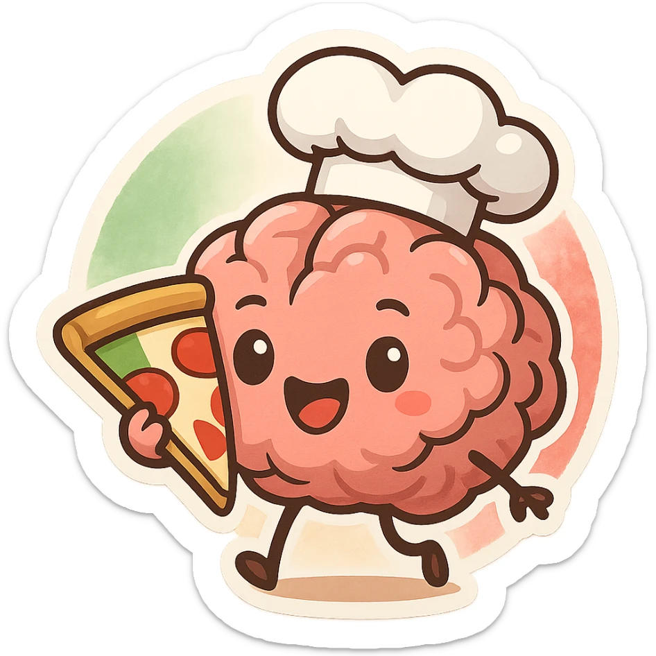playful cartoon brain wearing a chef's hat holding a slice of pizza with Italian flag colors in the background, fun and whimsical style sticker