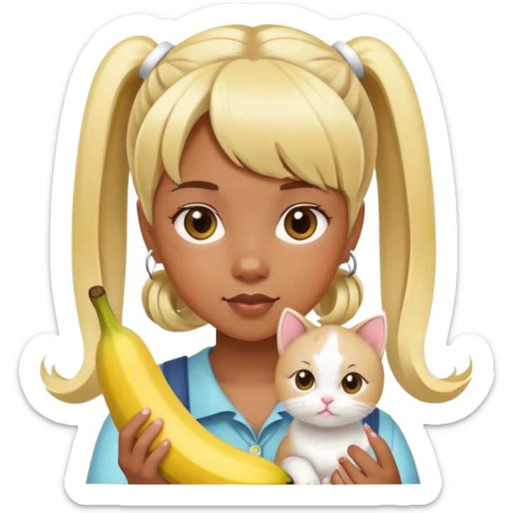 A girl with brownish skin, with blonde two pigtails and banana-styled bangs holding a white kitty sticker