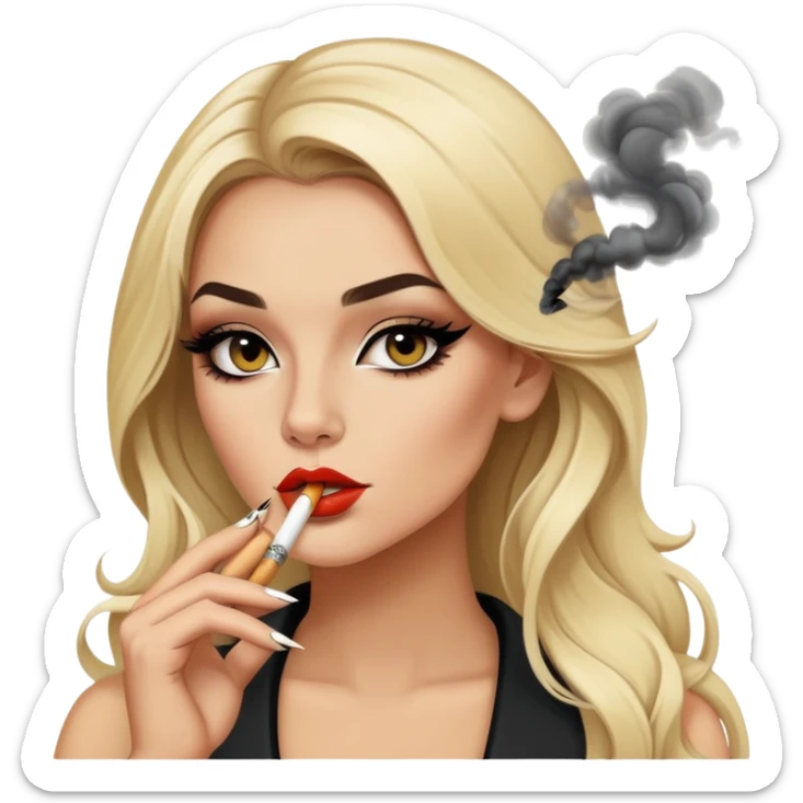 blonde gorgeous girl long hair with latina makeup smoking a cigarette and blowing smoke baddie winged eyeliner  sticker