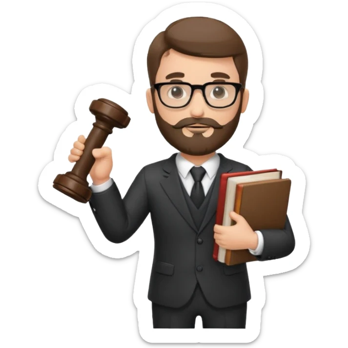 Create a male lawyer. he is wearing a fromal suit jckeret. He is holding a gavel in one hand and a book tucked under his another arm. He has beard and glasses sticker