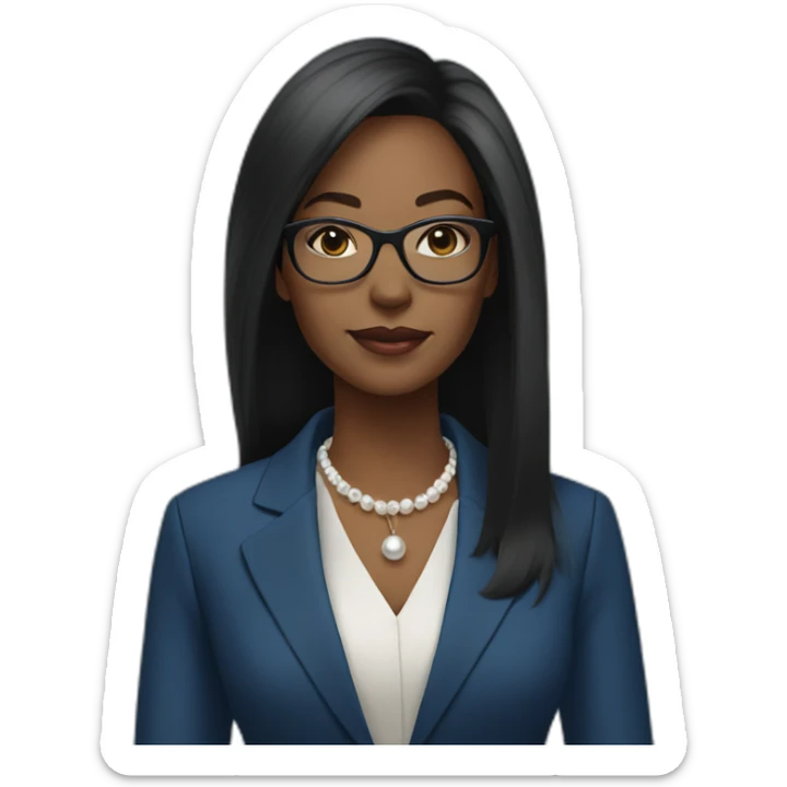 black woman ceo, black glasses, straight hair, blue blazer, pearl necklace sticker