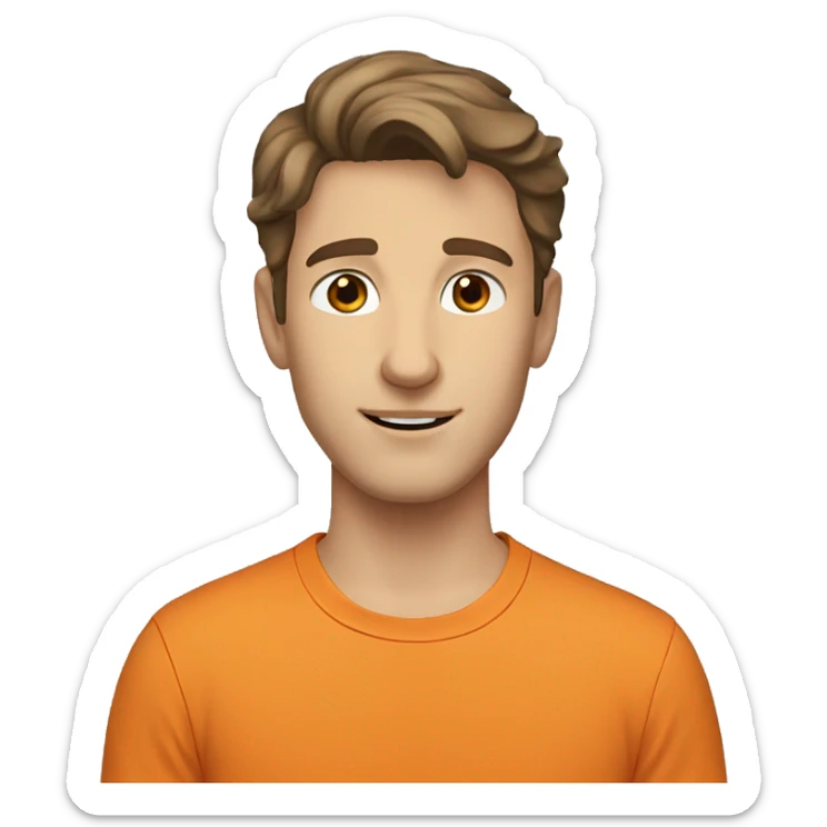 young caucasian man with brown eyes and  brown hair wavy. orange shirt.  sticker