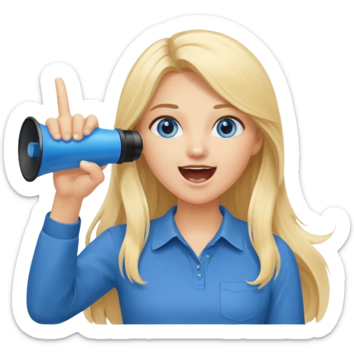  blue eyes blonde girl yelling into megaphone with right hand smiling long hair holding up left first finger sticker