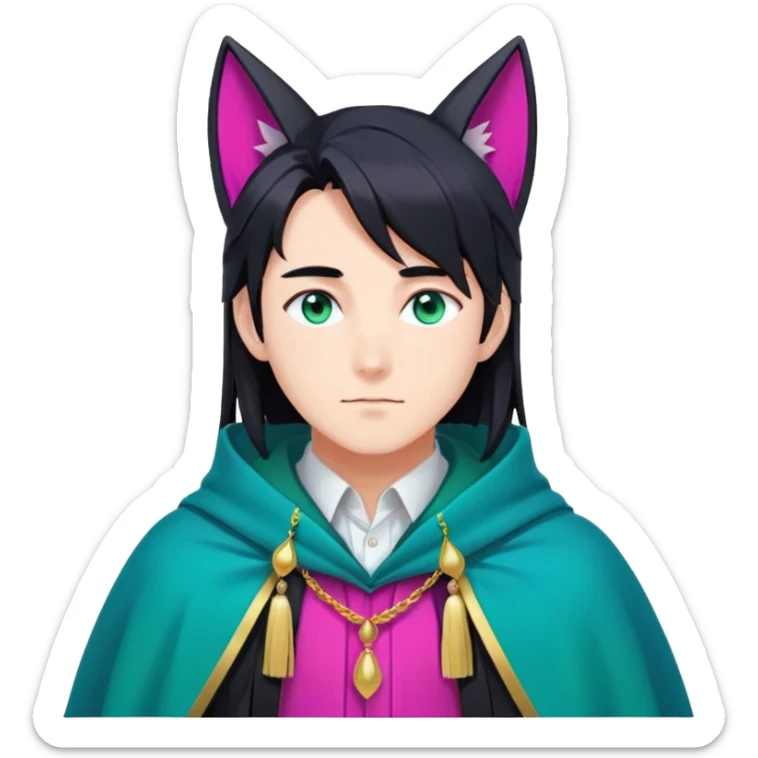 anime man with long-straight-dark-black hair, long black fox ears with pink Scapha, colorful-gradient-brown-turquoise eyes, gold earring, dark-blue-sweater, green cape, white pupils, turquoise tassel sticker