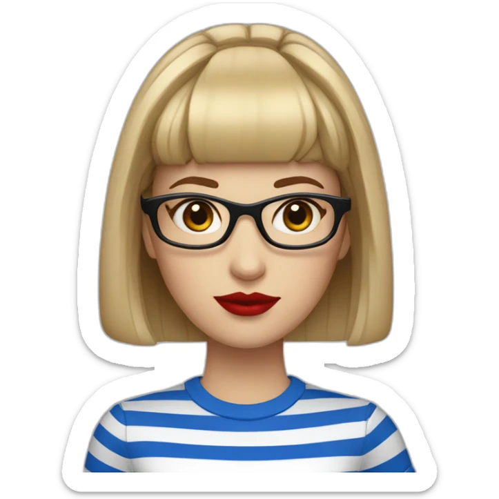 caucasian woman with square black glasses, straight bangs, red lipstick, blue and white striped t shirt sticker