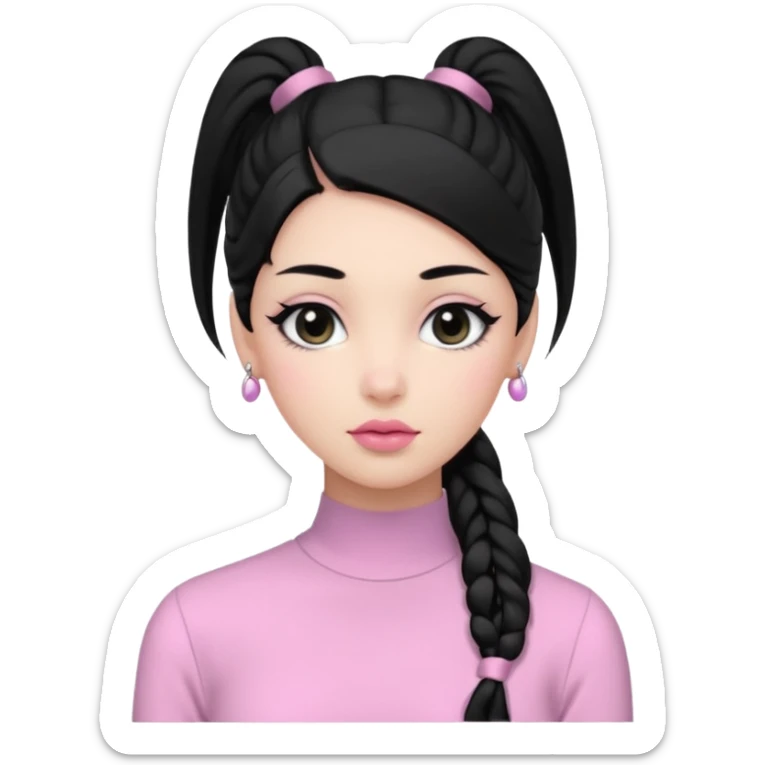 a woman with long sleeve dress top, her hair is long black pony tail, her face is soft girl style, her eyes color are black and the color of her lip is soft pink sticker
