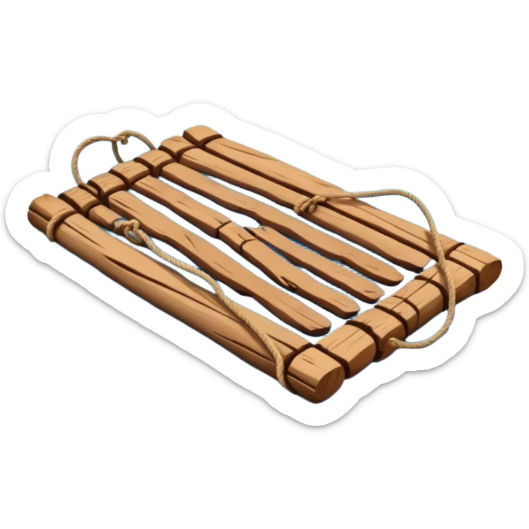 showing a simple wooden raft floating on calm blue water — made of several brown logs tied together with rope — gentle ripples around it — bright, cheerful lighting and soft shadows — minimalist, clean emoji design sticker