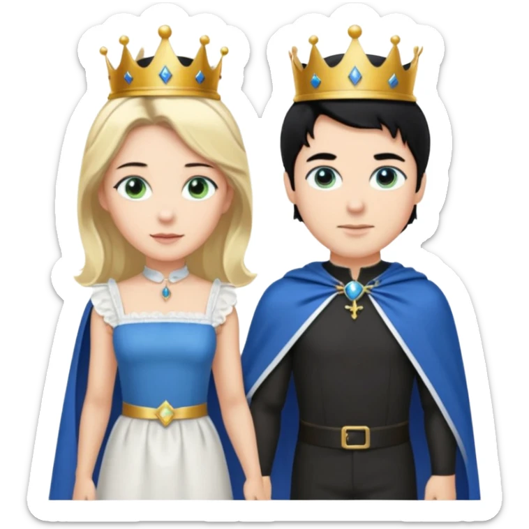 Prince with crown, blue cape and trousers, body and legs, black hair, blue eyes and maid, blonde hair, green eyes, sexy white short sleveless dress,  sticker