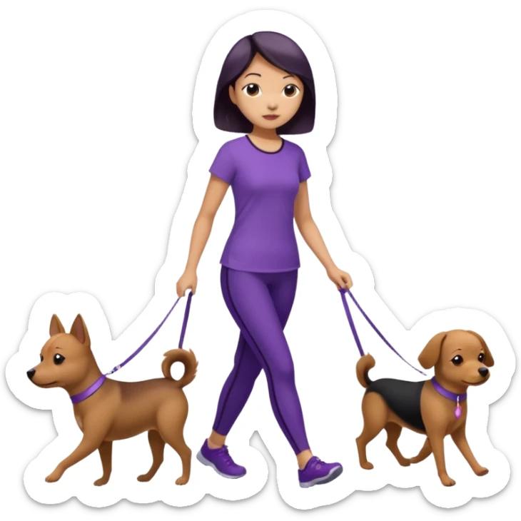 Chinese woman wearing purple top and black leggings walking 1 small brown dog sticker
