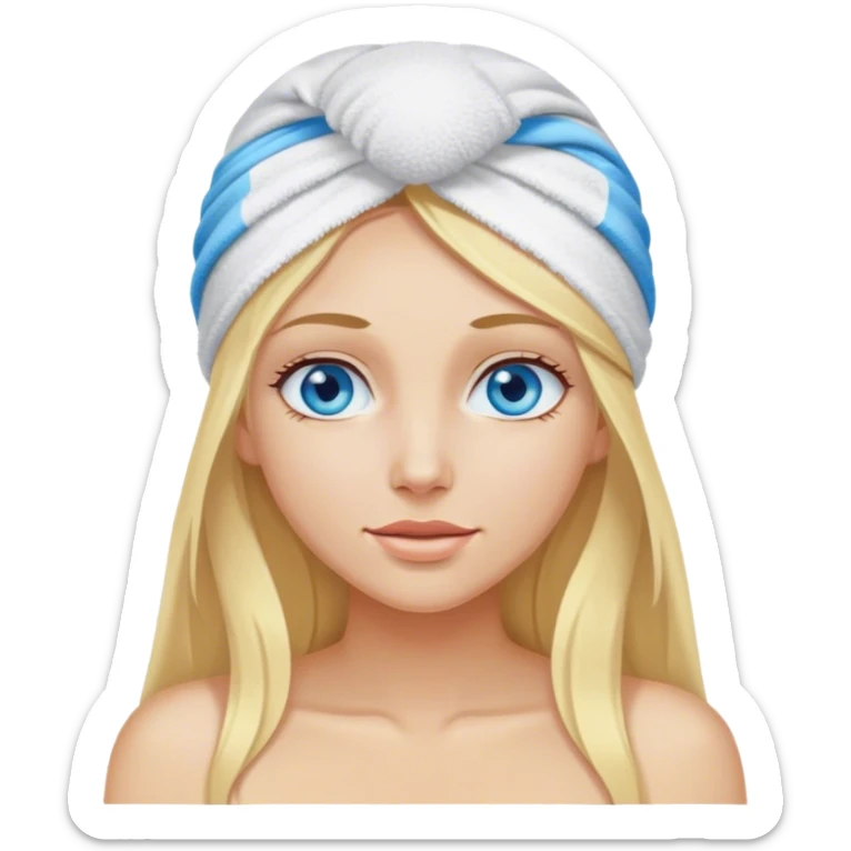 Cinematic realistic blonde with long hair and blue eyes, with a towel on her head sticker