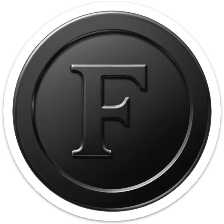 Emoji icon of a black coin with engraved letter F, minimalist style, isolated, no color sticker