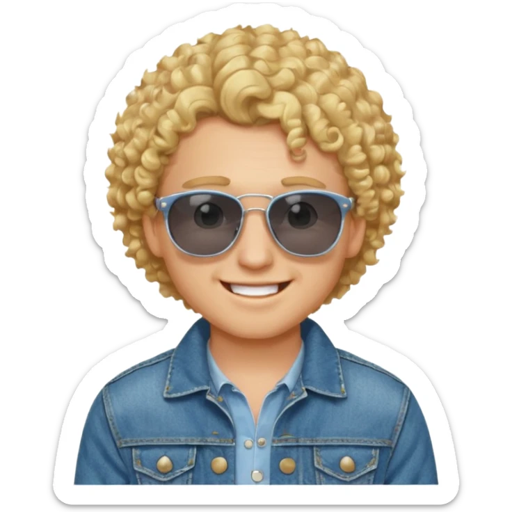 young gentleman emoji, curly blonde hair, wearing a denim jacket and sunglasses, cheerful expression sticker