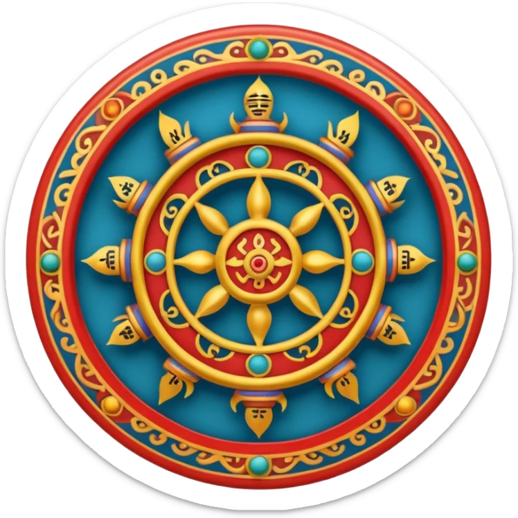 Tibetan Wheel of Life (Bhavachakra) emoji, traditional Tibetan art style, wheel held by Yama lord of death, intricate details and symbolic figures, vibrant yet clear emoji sticker