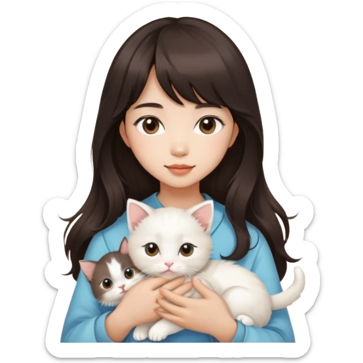 Asain girl with long wavy dark brown hair and bangs carrying a white kitten  sticker