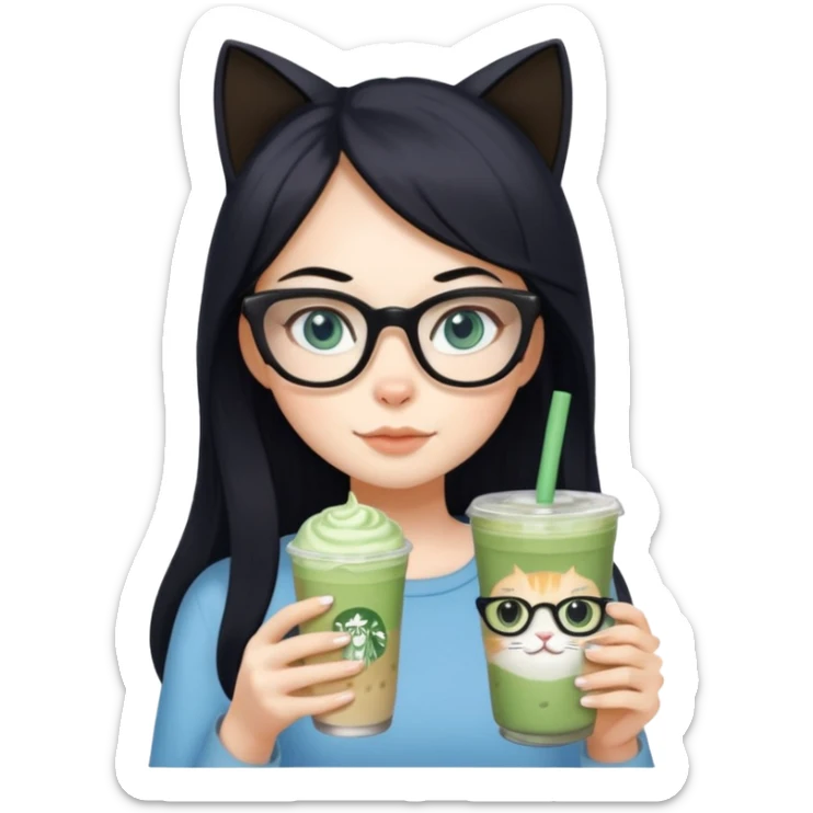white girl with cat-eye glasses, long black hair and grey-blue eyes holding iced matcha latte sticker
